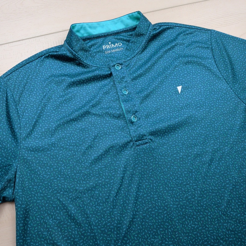 Primo Golf Blade Collar Polo Shirt Mens M Teal Geometric Pattern Performance